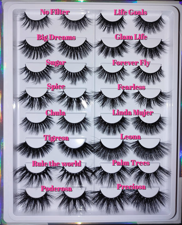 16 strip lashes. 16 different lash styles. 20-23mm length lashes and 25mm length lashes.